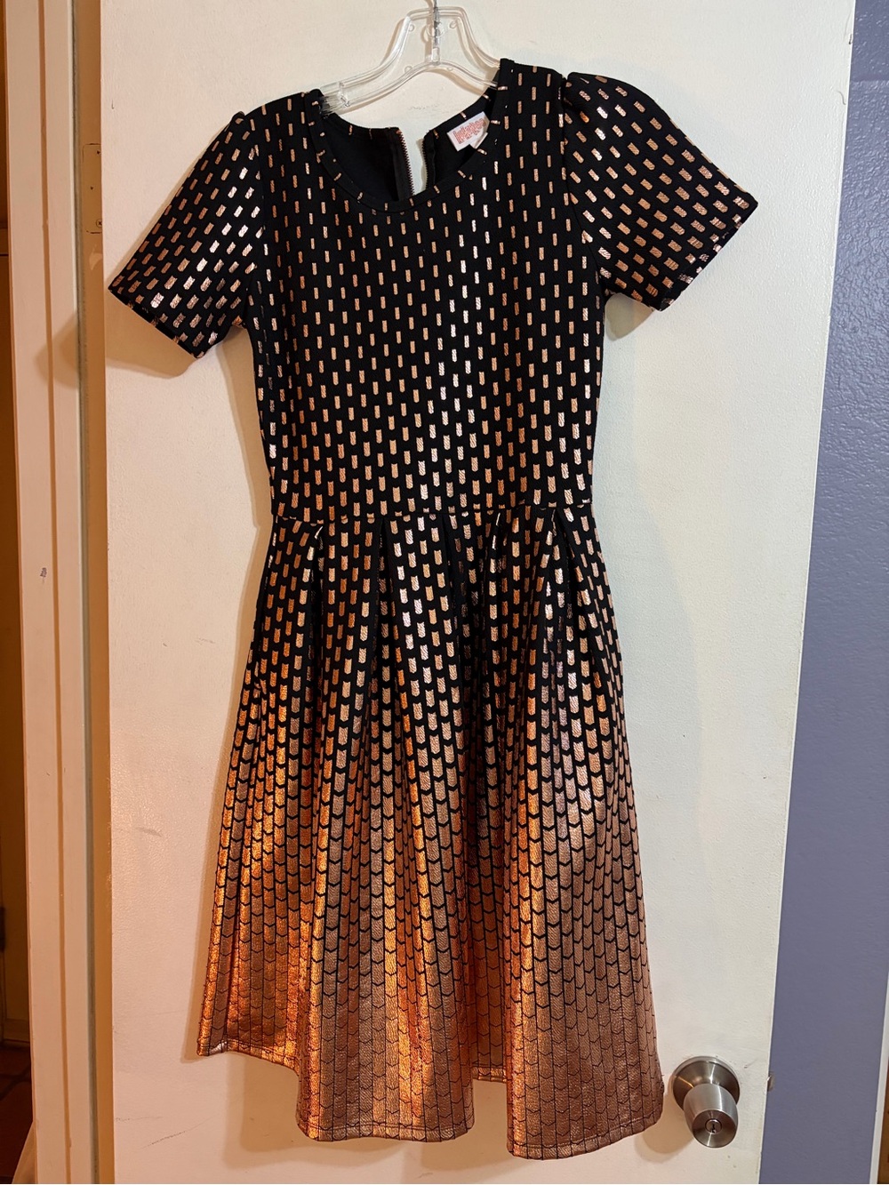 LuLaRoe Black and Rose Gold Patterned Fit-and-Flare Dress